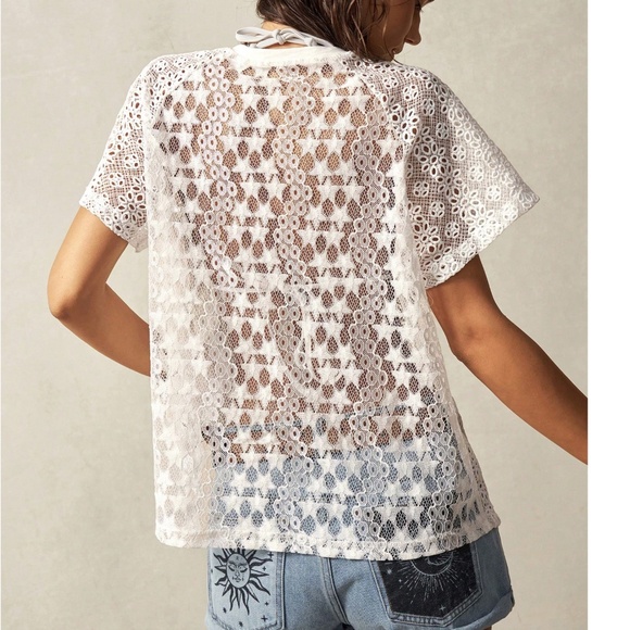 Boho white Star Patch Eyelet Short Sleeve Top - Picture 4 of 6
